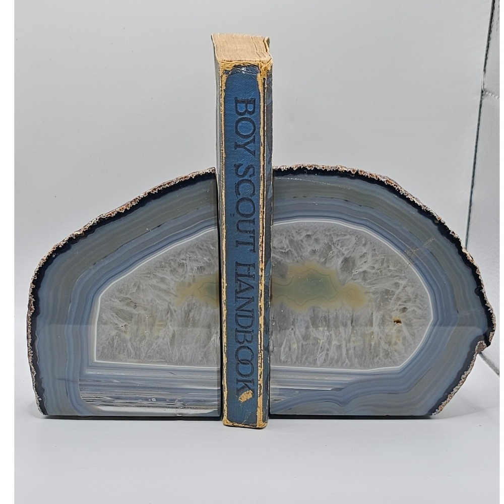 Natural Blue Agate Geode Bookends Polished Stone Crystal Pair Heavy Decor
